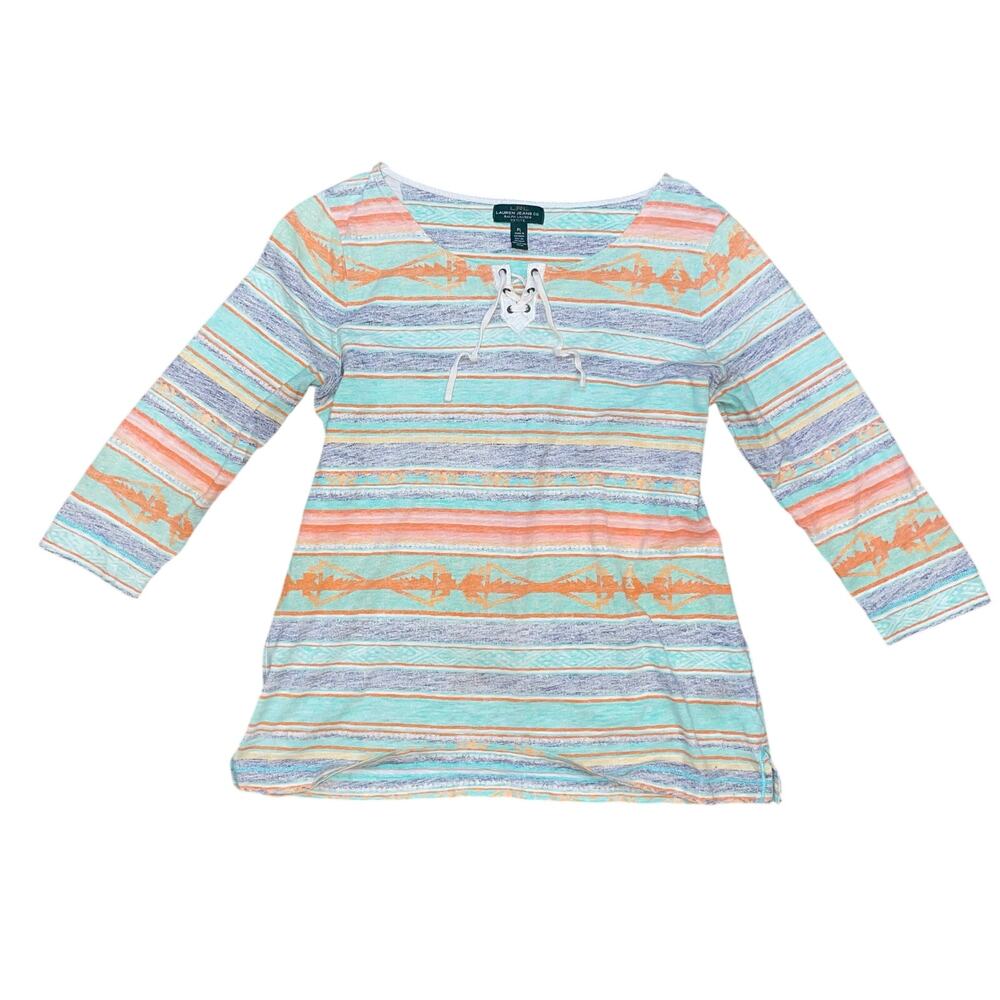 LRL Ralph Lauren Petite Lace-Up Top Multicolor Stripe Western Boho Women Size PL